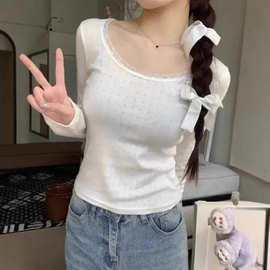 秋季时尚气质设计感花边修身显瘦长袖t恤小众ins辣妹性感独特上衣