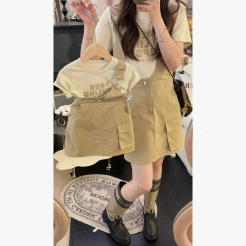 Cream Spring Style Mother and Daughter Set, Summer Street Style Parent-Child Outfit, Girl's Letter T-shirt with Overalls