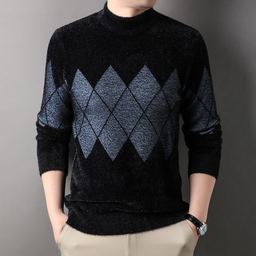 Cross-border mink fur men's sweater autumn and winter high-end thick half-high collar 2025 new warm base shirt wholesale