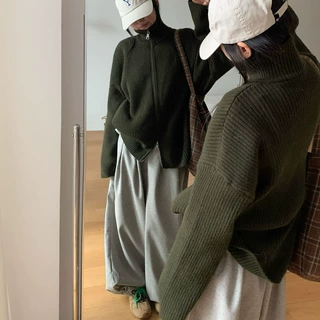 双头拉链高领针织开衫 竖坑条宽松墨绿色慵懒毛衣外套女秋冬