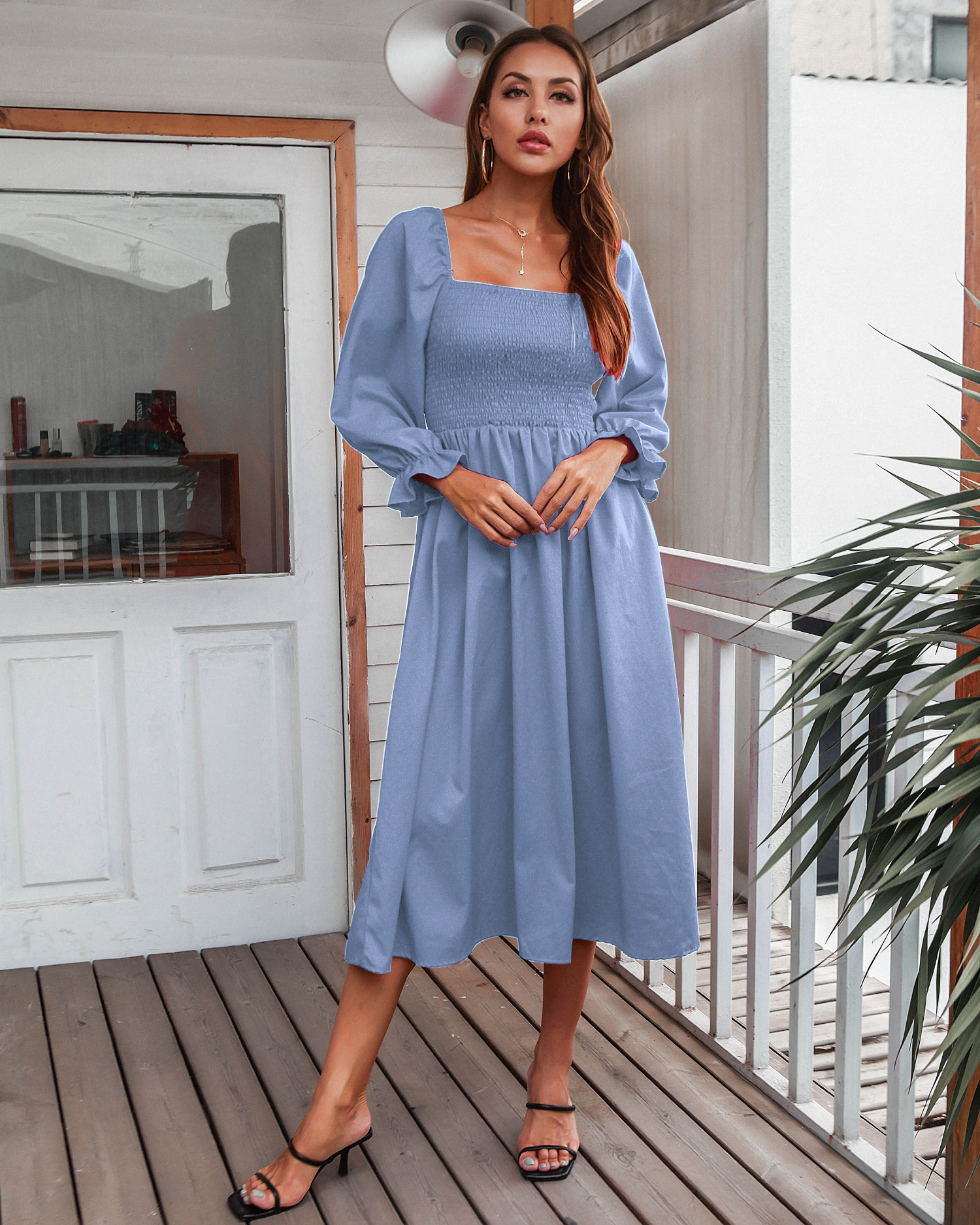 Flared Sleeve Long-Sleeved Pleated Dress NSMY84390