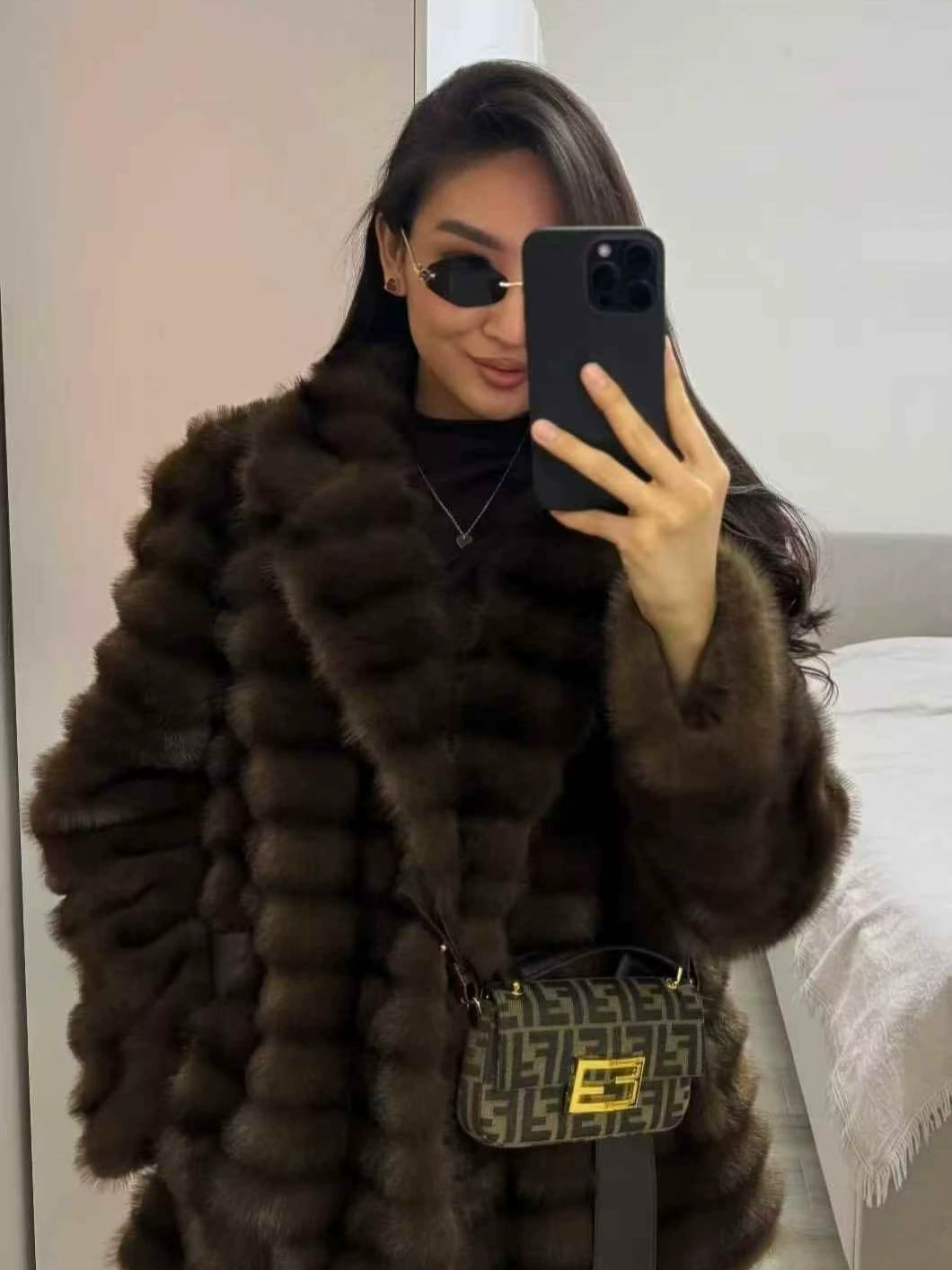 Faux‑mink integrated fur coat, mid‑length with collar, eco‑friendly design