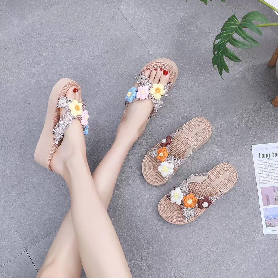 交叉花朵拖鞋女夏季外穿新款韩版时尚甜美厚底民族风凉拖防滑沙滩