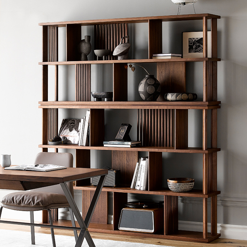 日式黑胡桃木书架北欧现代全实木书柜组合落地博古手办储物展示柜