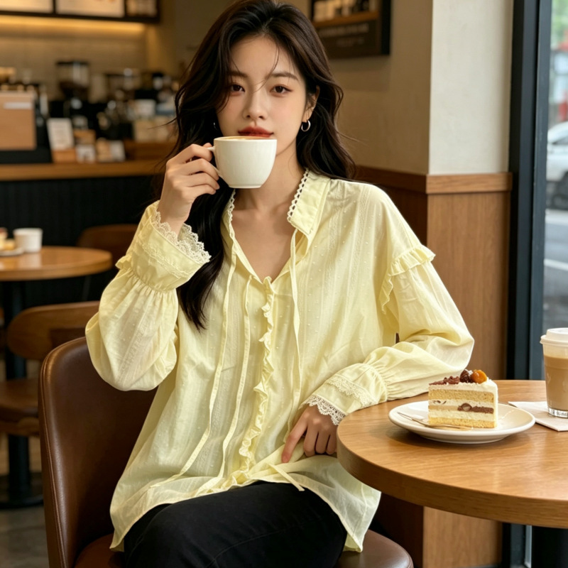 2026 Summer French Lace Patchwork Ruffled Jacquard White Shirt with Tie Flare Sleeves Sun Protection Top with Ribbon 2026 Summer French Lace Patchwork Ruffled Jacquard White Shirt with Tie Flare Sleeves Sun Protection Top with Ribbon