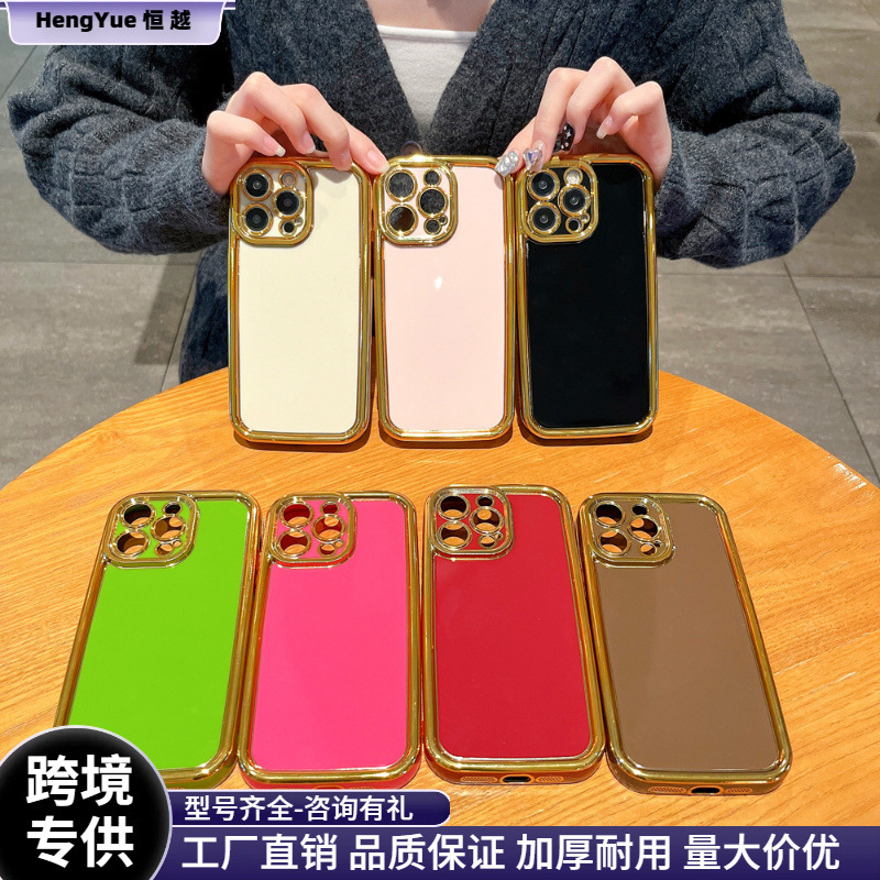 Electroplated Emery Apple Phone Case for iPhone15promax Fine Hole Photo Frame 16plus Solid Color Phnom Penh