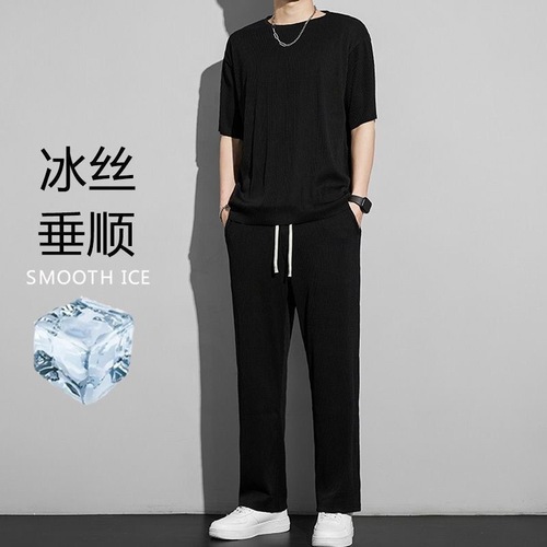 2024 New Summer Ice Silk Sports Suit Men's Drooping Sensation Quick-Dry Running Casual Two-Piece Short Top and Long Pants Thin Model