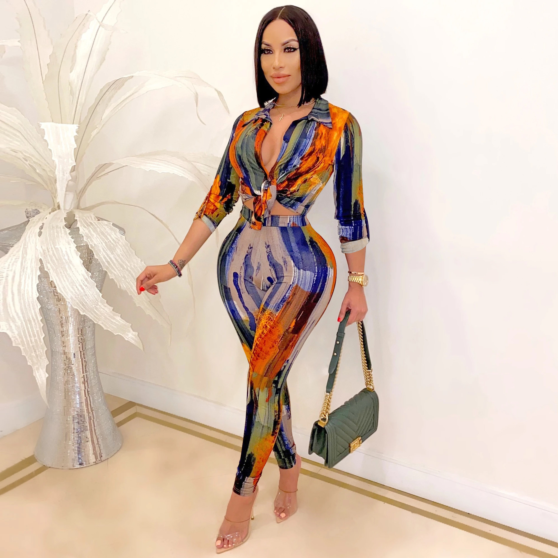 digital printing V-neck long-sleeved shirt trousers set nihaostyles clothing wholesale NSXYZ81564
