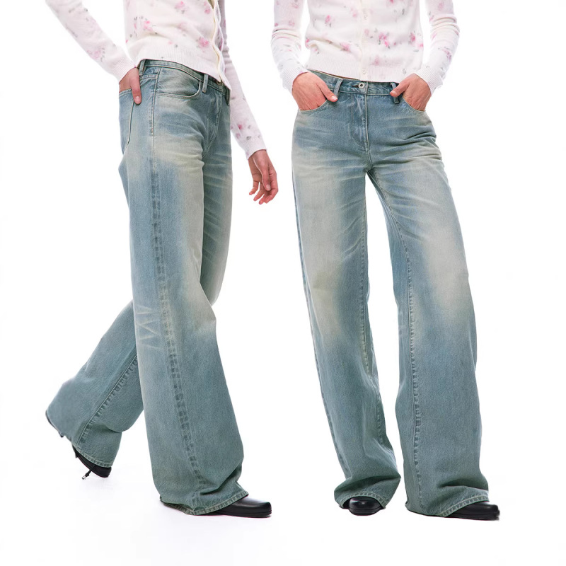 Low-Waisted Vintage Washed Denim Jeans for Women, Narrow Wide-Leg Light-Colored Slimming Floor-Length Pants Low-Waisted Vintage Washed Denim Jeans for Women, Narrow Wide-Leg Light-Colored Slimming Floor-Length Pants