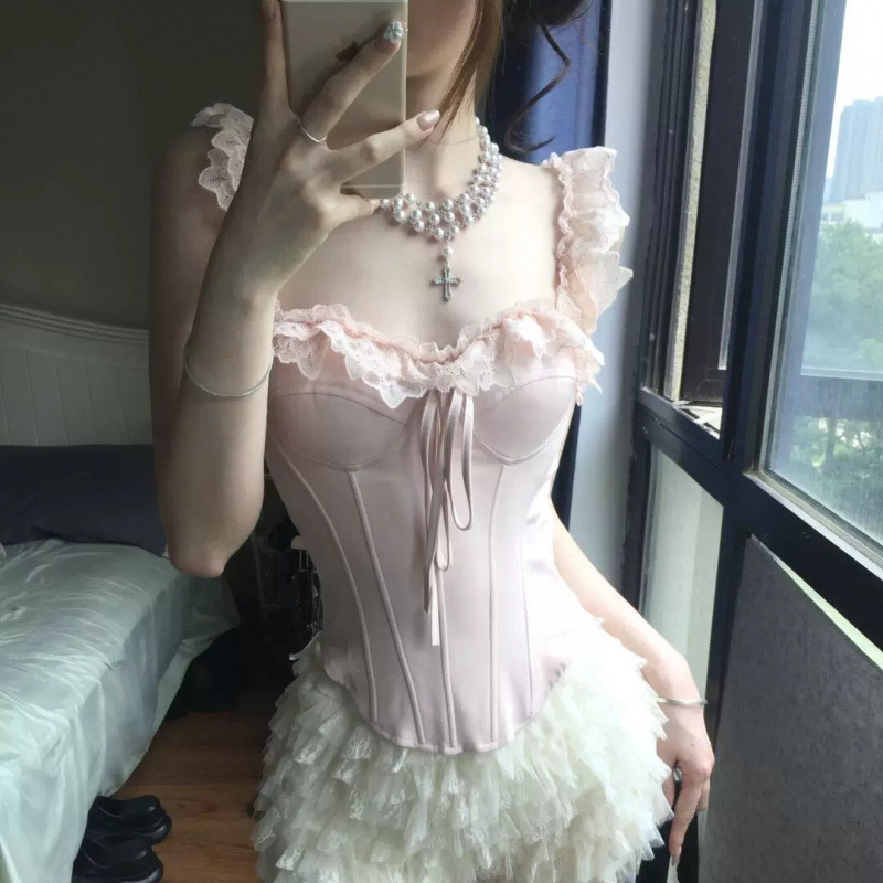 French Pink Lace Camisole for Women, Pure Lust Hot Girl One-Shoulder Fishbone Tube Top, Beautiful Hollow Top