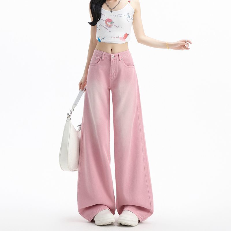 Dopamine Pink High-Waisted Wide-Leg Slimming Jeans for Women 2025 Spring and Summer New Niche Girly Style Drapey Pants