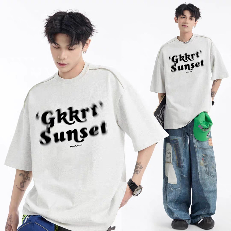夏用ぼんやりプリント厚手320g半袖Tシャツメンズジッパーデザイン七分袖トップストレンディブランドルーズTシャツ|undefined