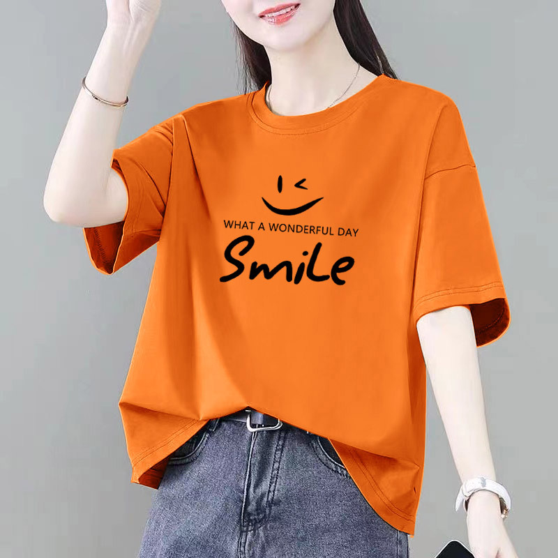 Orange Color Flattering T-Shirt for Women, Summer Casual Short-Sleeve Korean Style High-End Trendy Slim-Fit Niche Ins Loose Fit Top