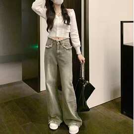 毛边牛仔裤女大码高腰春秋设计感阔腿裤复古做旧胖mm直筒拖地裤子