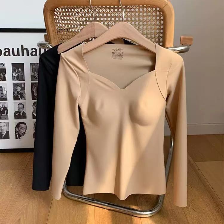 Skin-Beautifying Clothing for Women with Breast Pads, No Need to Wear Bra, Autumn and Winter Bosein Muscle Base Clothing, Slimming, High-Elastic V-Neck, Seamless Thermal Clothing