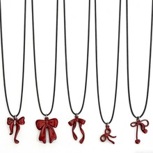 新款韩国ins风甜酷纯欲少女风红色蝴蝶结皮绳项链辣妹小众锁骨链
