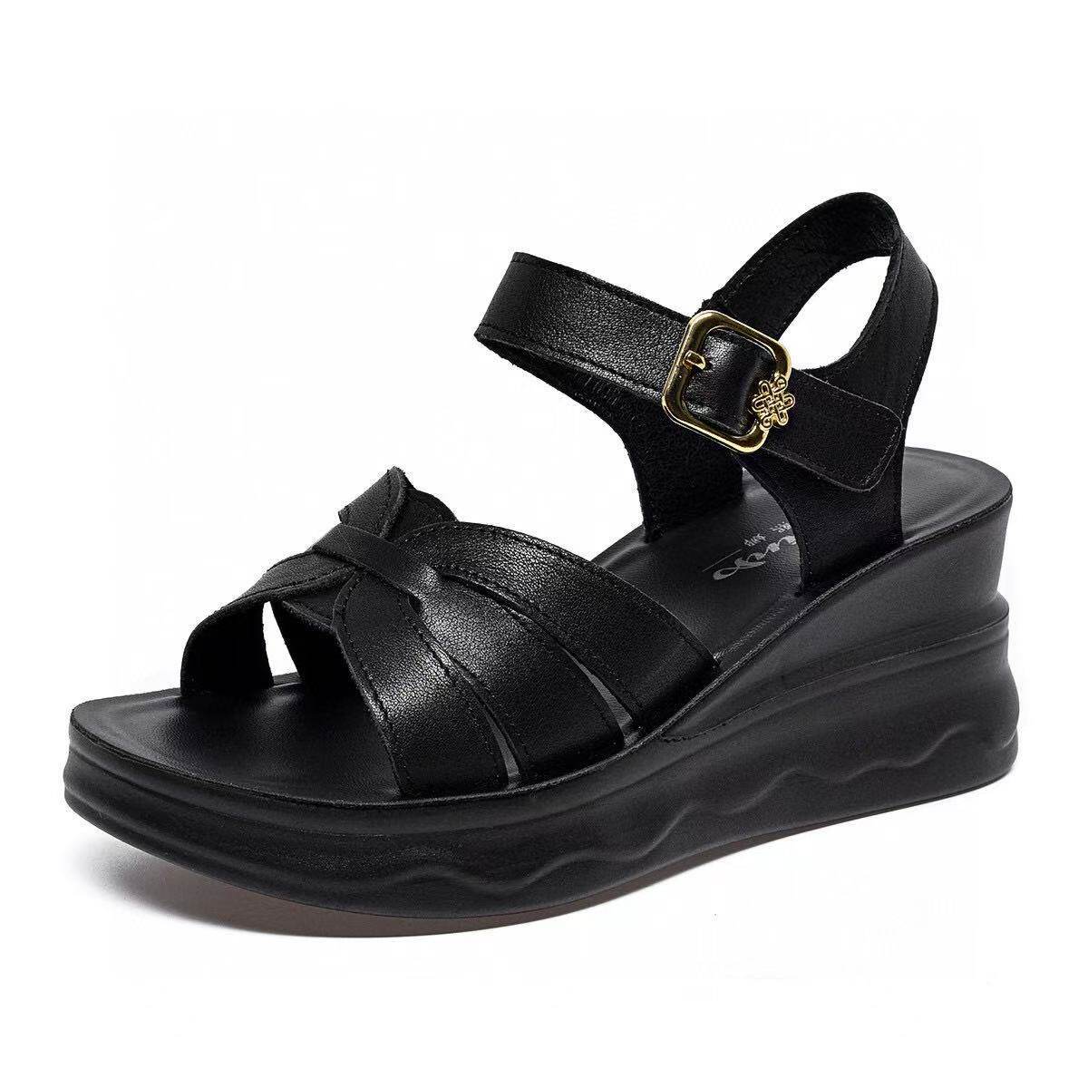 Sandal nữ da thật đế xuồng tăng chiều cao mũi hở quai ngang — màu đen