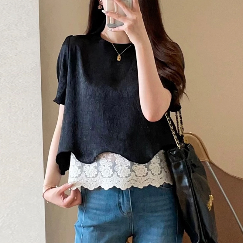 Italian HM acetate summer French lace spliced round neck pullover T-shirt, loose and slimming, faux two-piece top