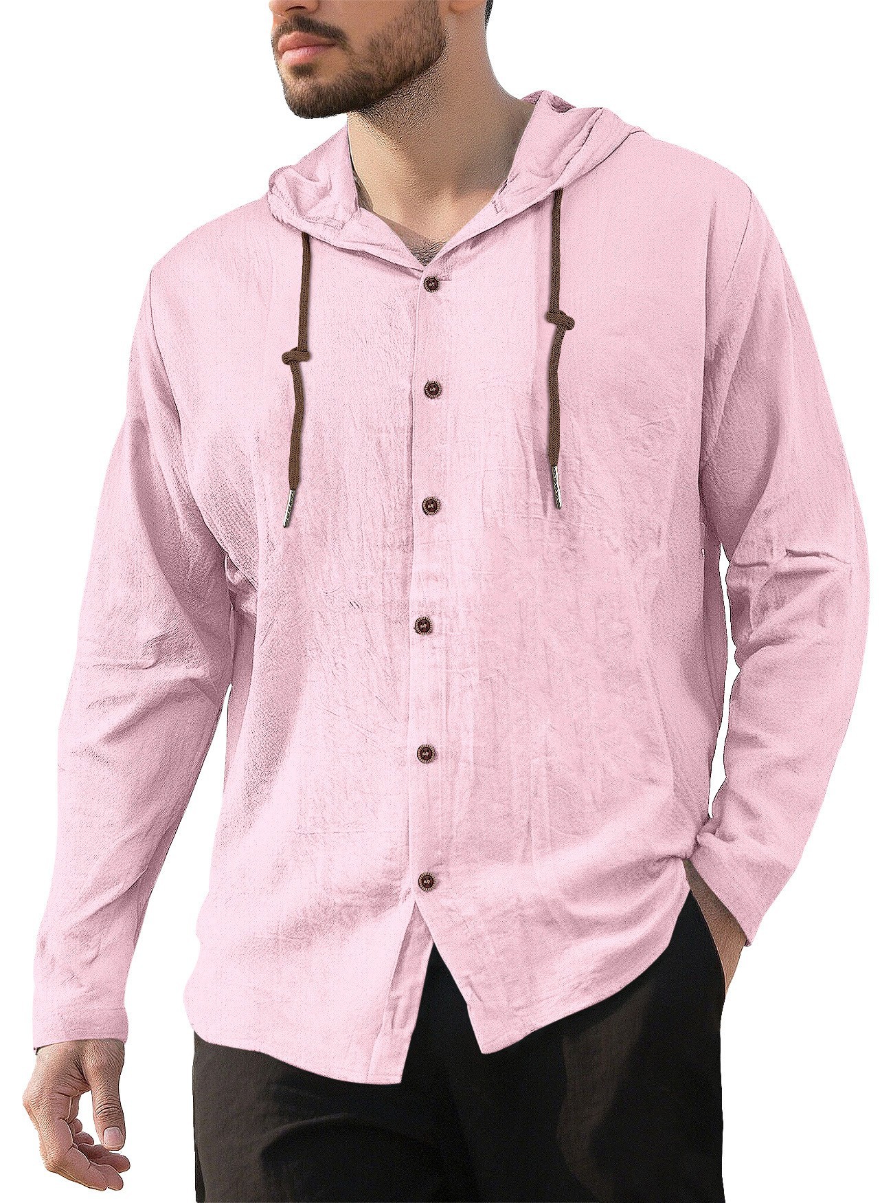 Transfronterizos de hombres Amazon encapuchado Camiseta de algodón camiseta de color sólido suelta de manga larga Cardigan casual chaqueta de playa