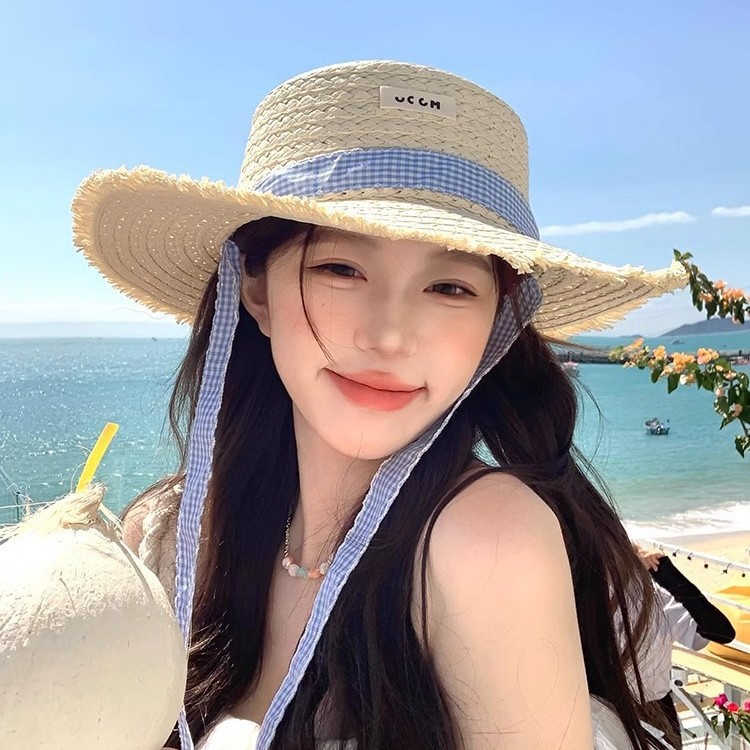 韩风ins格子草帽编织防晒太阳帽防紫外线遮阳网红海边拍照夏度假