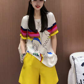 亮色系休闲高腰短裤套装2023新款宽松圆领卡通印花短袖两件套女装
