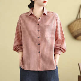 实拍现货柔软舒适棉麻竖条长袖衬衫女春秋季新款文艺显瘦开衫上衣