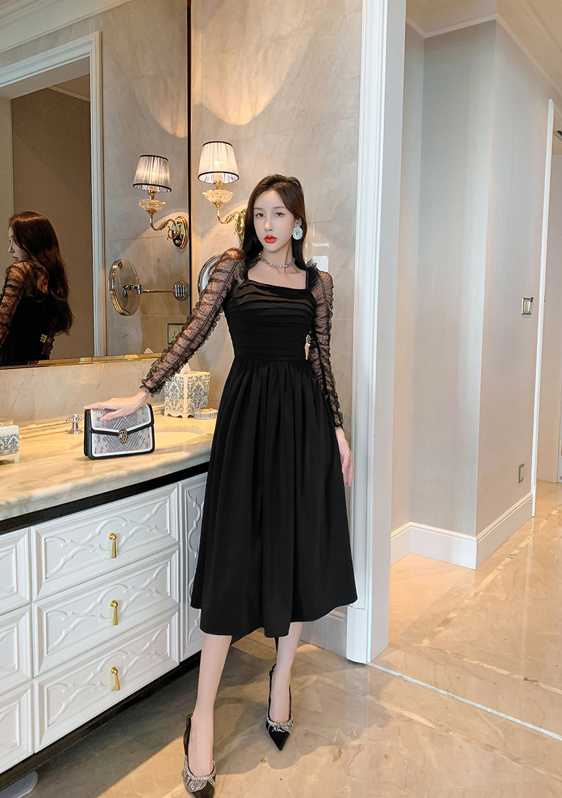 Váy đen ngắn kiểu Hepburn phối lưới tay bồng cổ vuông eo xếp ly — Màu đen chi tiết 20