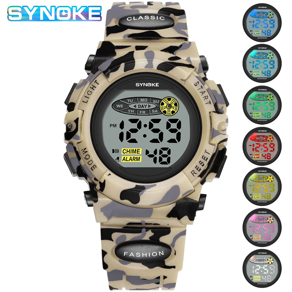 SYNOKE nuevo sudeste asiático popular colorido luminoso niños estudiante reloj electrónico personalizado camuflaje reloj deportivo