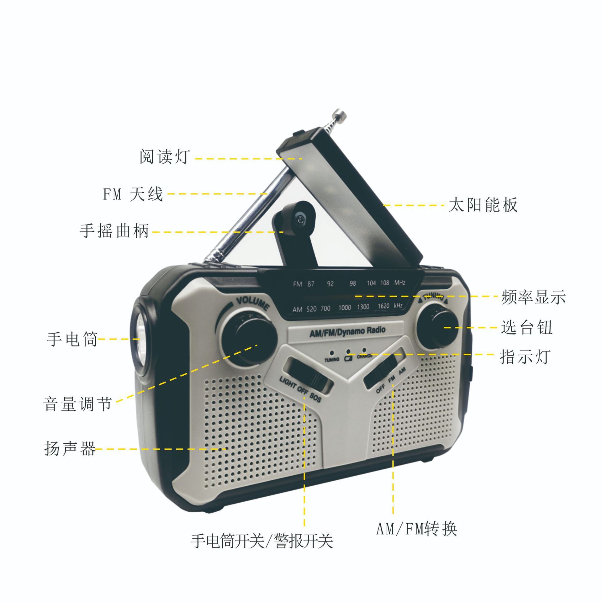 Nuevo pronóstico del tiempo de prevención de desastres energía solar de radio de emergencia con fuente de alimentación portátil al aire libre
