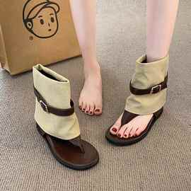 复古罗马夹趾凉靴女2025夏季新款内增高绝美时尚感裤管靴短靴