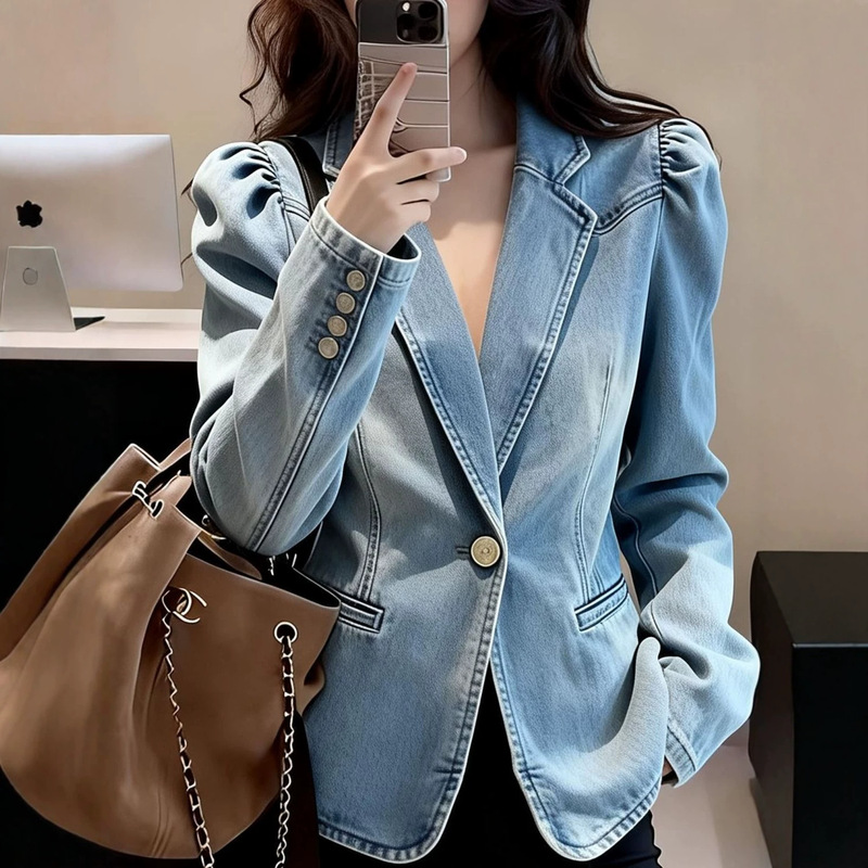 2026 Spring and Autumn New European and American Plus Size Women's Denim Jacket Slimming Long Sleeve Blazer for Women