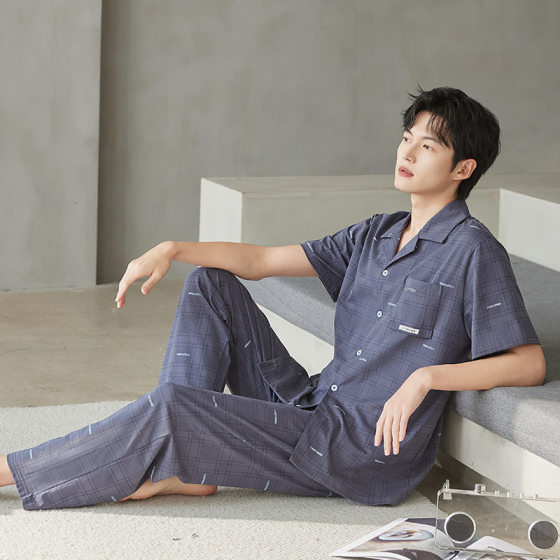 Summer Men's Pajamas, Cool Cotton, Cool Lapels, Classy Wearable, Loose, Large Size, Short-Sleeved Pants Suit for Teenagers