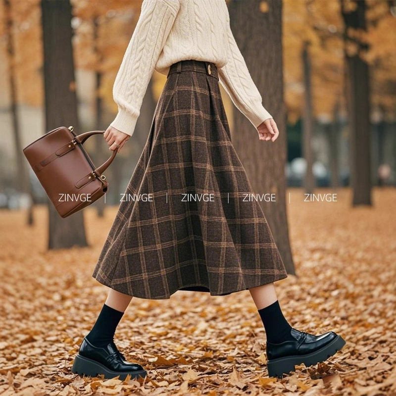 Coffee-Colored Plaid A-Line Skirt for Women 202 Autumn New Style Women's Korean Retro Large Hem Mid-Length Skirt for Women A7536