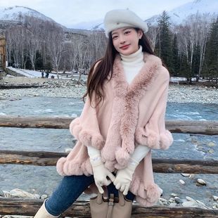 Autumn and Winter Fur Collar Shawl Coat with Skirt Woven Cloak Women Woven Western Style Double-Layer Cloak Coat