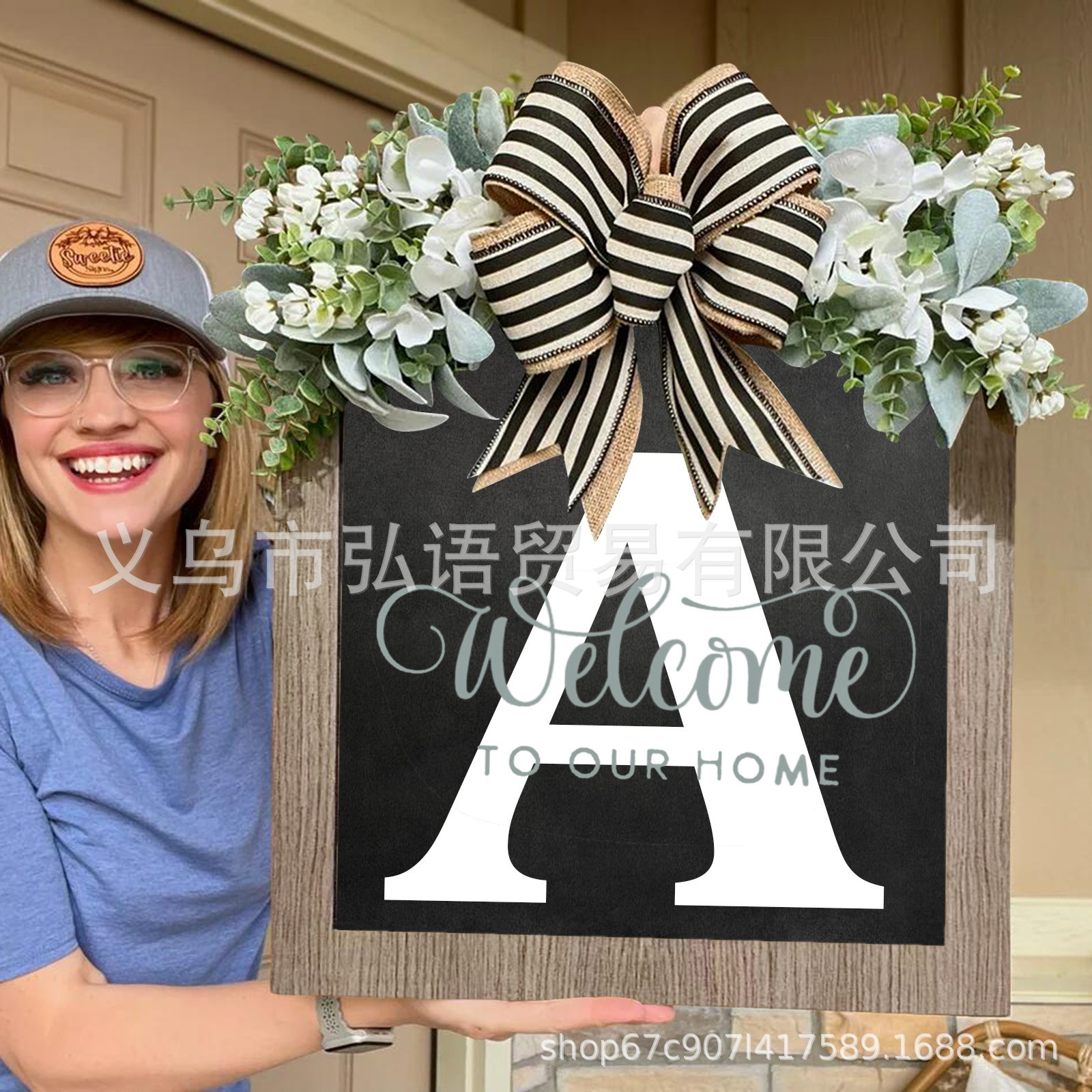 Transfronterizo Apellido Año Ronda Puerta de entrada Wreath26 letras mariposa Placa de puerta Decoración
