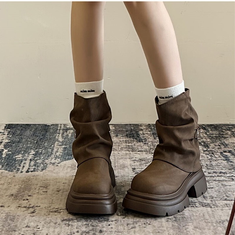 Thick-Soled Brown Slouch Boots Western Cowboy Ankle Boots Women's Shoes 2025 New Autumn Booties Melad Martin Boots