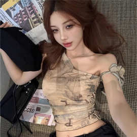 美式辣妹斜肩无袖背心T恤女夏季新款洋气性感短款修身欧货上衣潮