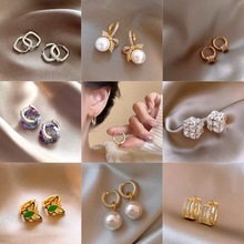 电镀真金微镶锆石小耳圈女韩版新款珍珠圆形素圈耳扣小众镶钻耳饰