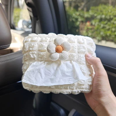 Minimalist Car Seat Tissue Box, Car Tissue Bag, In-Car Armrest Box, Seat Back Tissue Storage and Decoration (Car tissue box/set) - puff-car-tissue-box-candy-color-floral-off-white