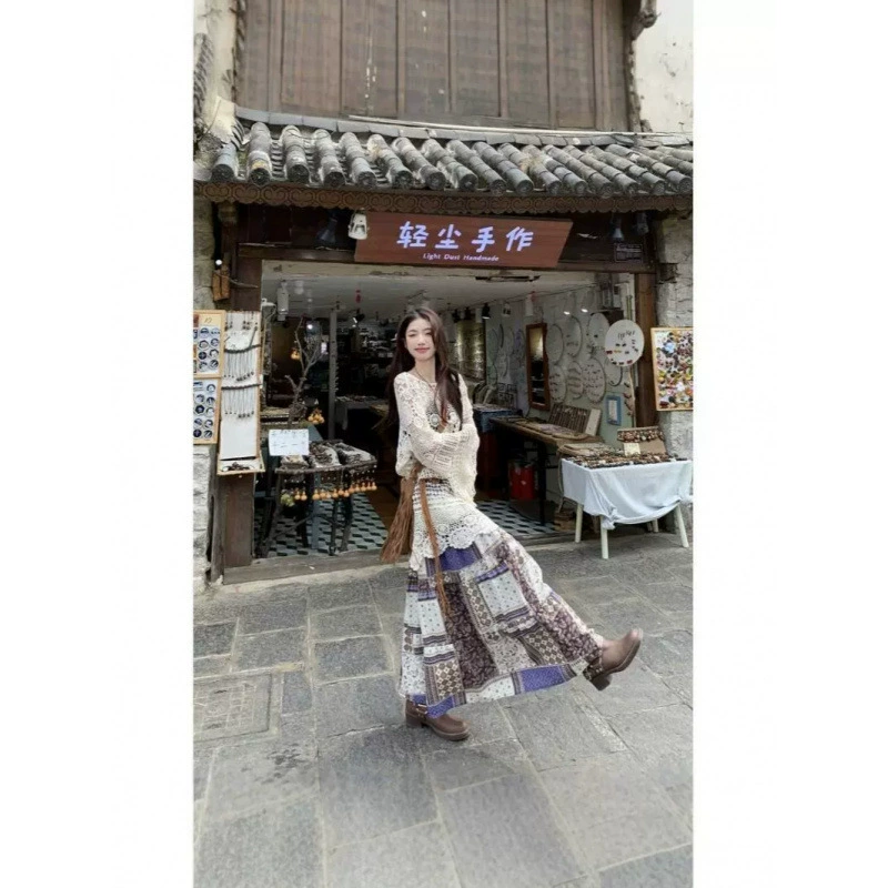 Богемская праздничная ветреная юбка женская летняя полая солнцезащитная трикотажная рубашка с принтом юбка из двух частей