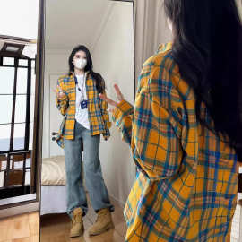 美式复古黄色格子衬衫上衣女春秋新款小众设计感别致宽松休闲衬衣