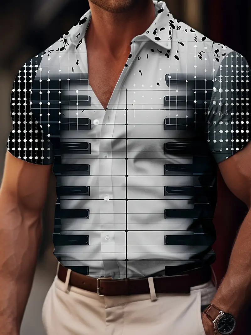 Camisa de manga corta con estampado de nota ancha popular retro de marca de moda europea y americana de verano 2024 para hombres MB1