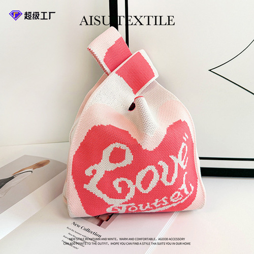 Knitted mobile phone bag for women dopamine color soft woven bag to wear Korean style ins contrast color love handbag wholesale