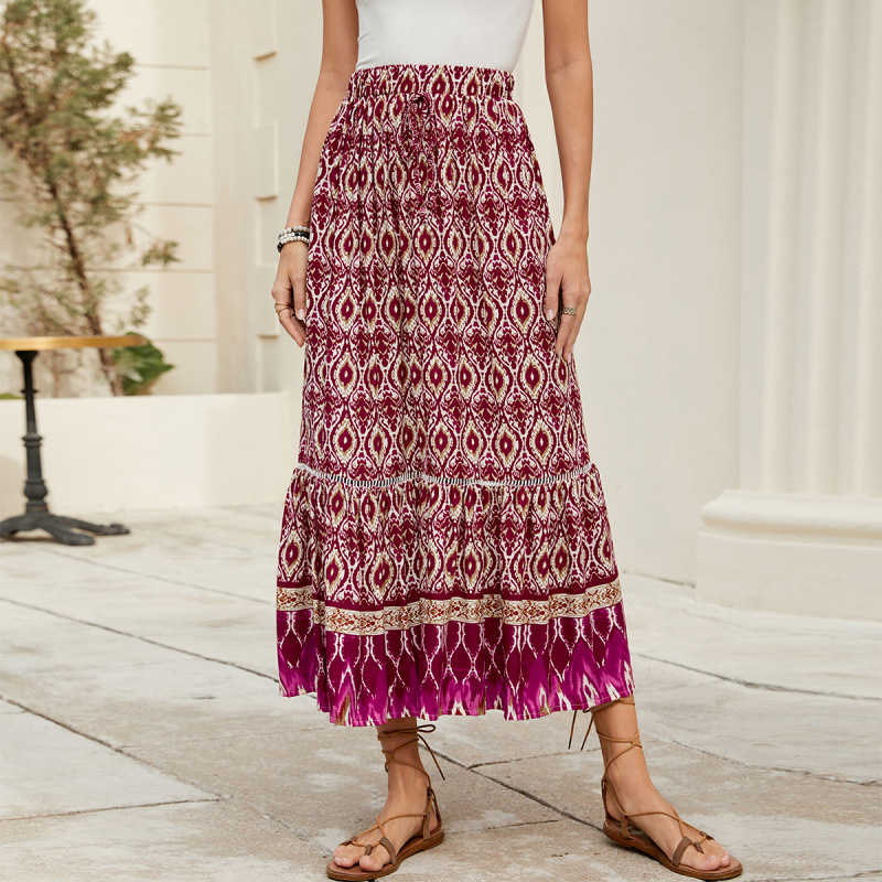 Bohemian European American Style Rayon Printed A-line Midi Skirt Vacation, Beach, And Seaside, With A Large Hemline For_ecoleips.com