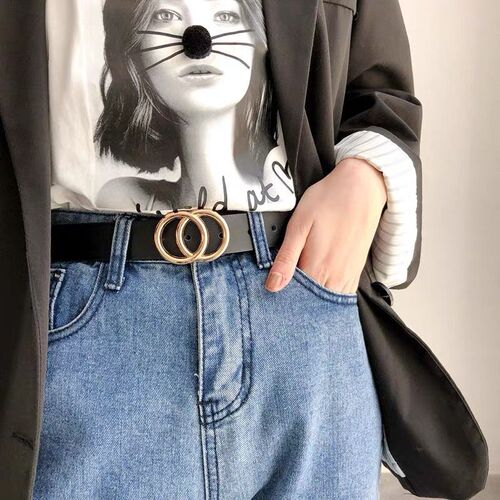 Korean Trendy Double Round Buckle Black PU Jeans Belt for Students - Versatile Jeans Belt for Women, Simple and Elegant