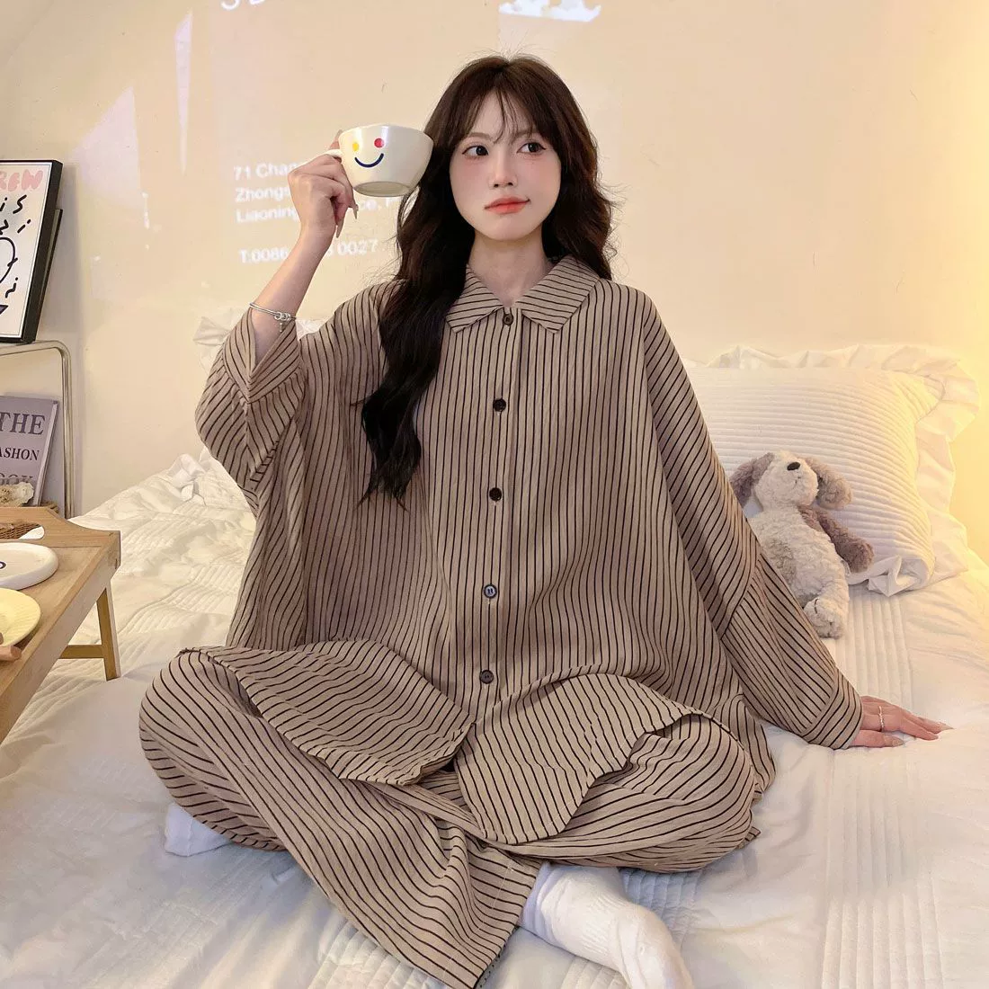 [Tinker Bell]-толстые хлопковые пижамы с длинными рукавами для женщин на весну и осень, свободная домашняя одежда больших размеров