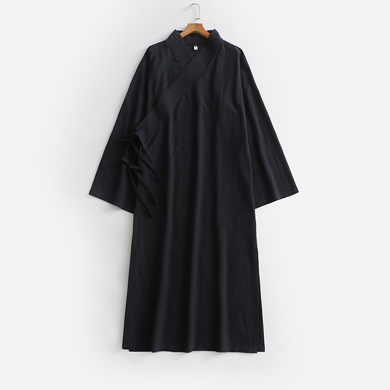新しい綿とリネンの大きいサイズのエクストラロングローブ中国風漢服ナイトガウンレースアップ着物スチームバスローブメンズオールシーズンローブ|undefined