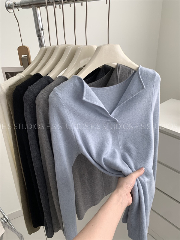 Pure Desire ラペルシルクウールセーター、フェミニンでスリムなVネックボトリングシャツ、秋|undefined