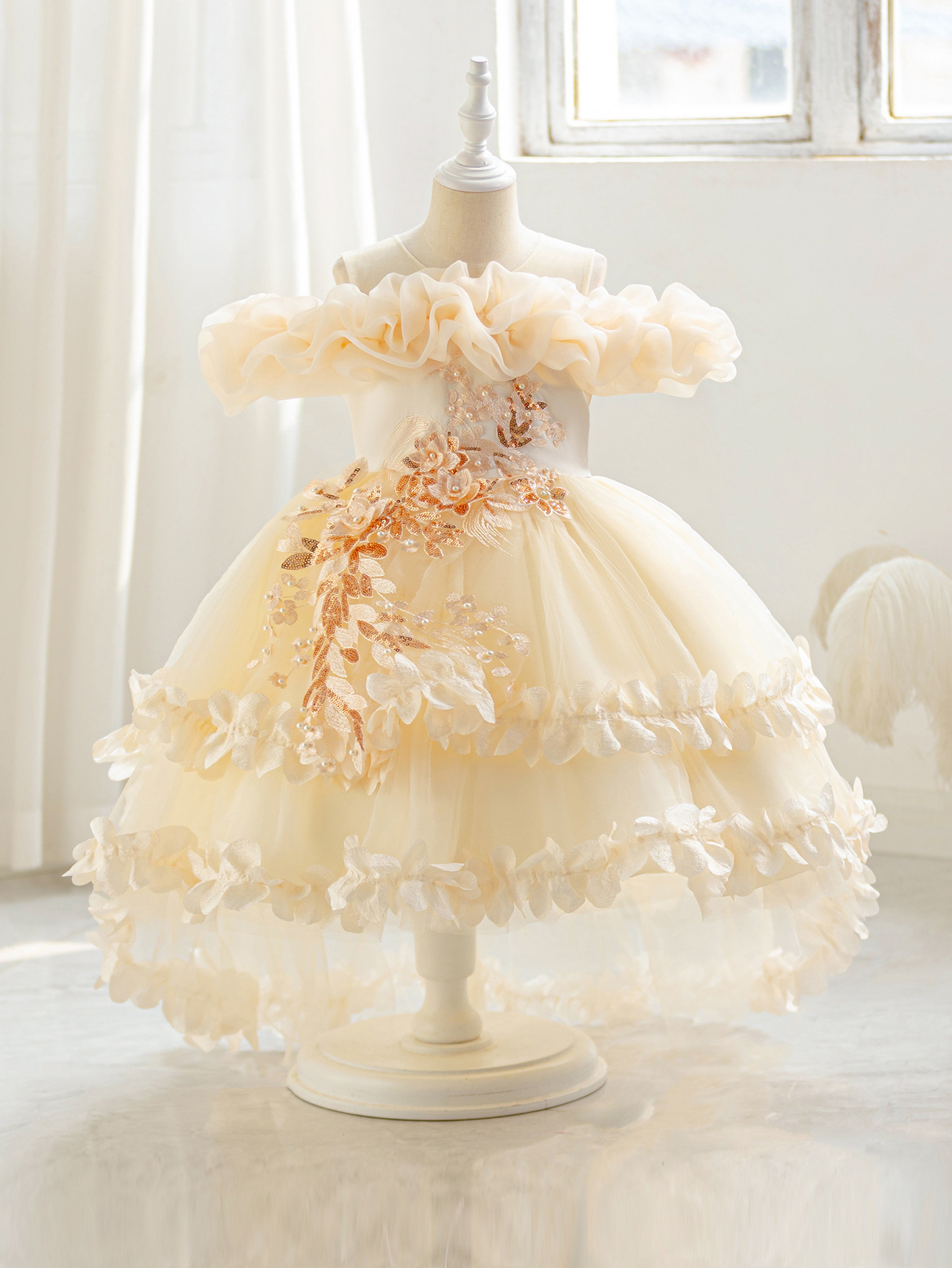 Children's skirt, evening dress, solid color three dimensional small princess costume, open shoulders, special occasion clothing 5