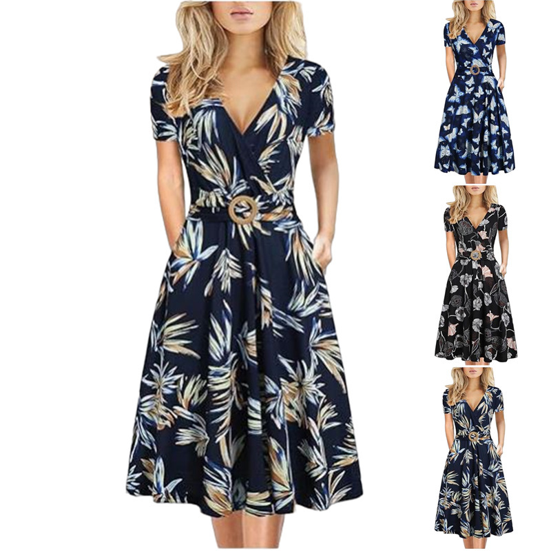 2024 New Spring and Autumn Women's Mid-Length Dress Amazon Printed Skirt Aliexpress Beach Dress Wholesale